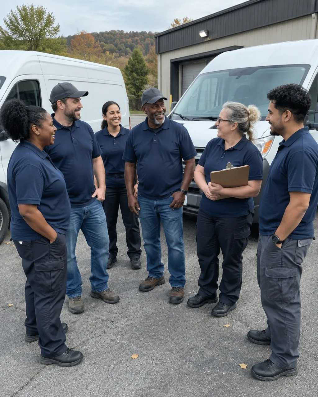 A diverse team of delivery drivers sharing a conversation beside their cargo vans