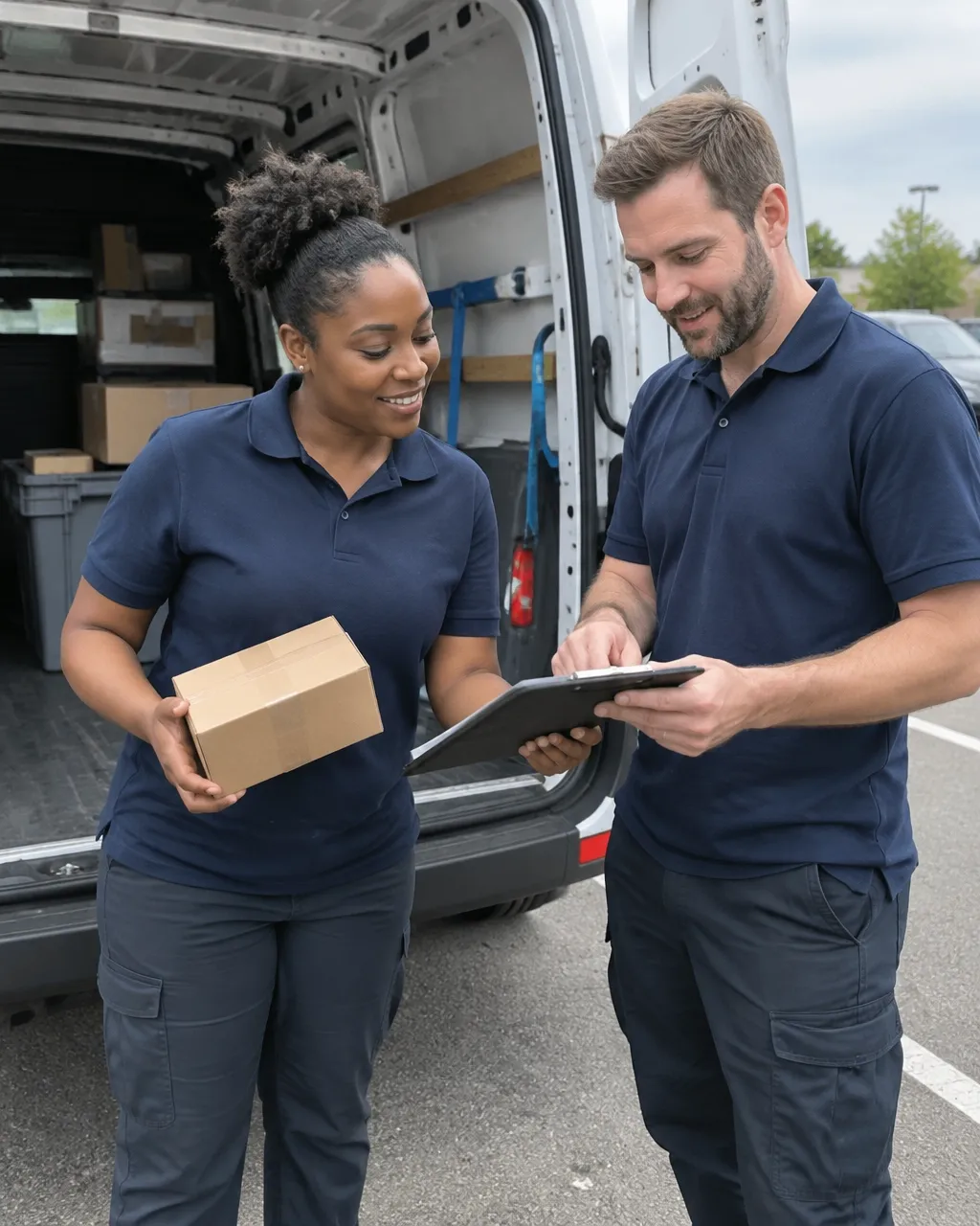 Two delivery drivers working together and reviewing a delivery at their cargo van